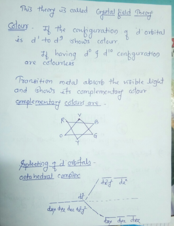 This theory is called Crystal field Theory Colour - If the configuration of d orbital és ďto de shows colour. If having d §