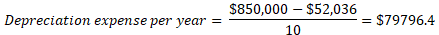 Depreciation expense per year = $850,000 - $52,036 10 $79796.4
