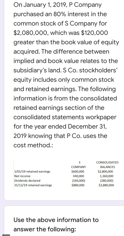 On January 1, 2019, P Company purchased an 80% interest in the common stock of S Company for $2,080,000, which was $120,000 g