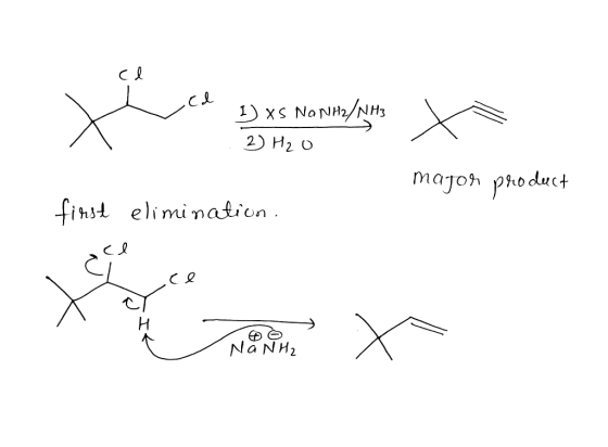 cl I cd e B) XS NONH2/NH3 ta 2 H₂O major product elimination. first ce NaNH₂