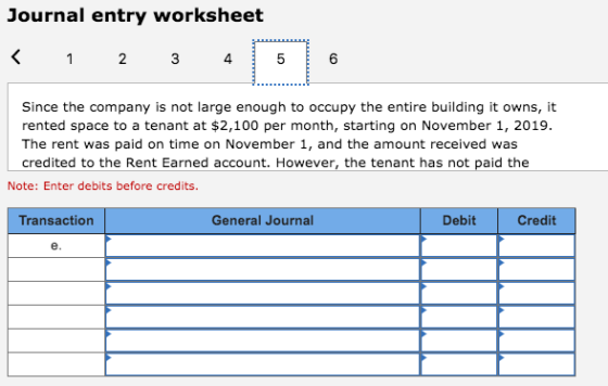 Journal entry worksheet < 1 2 3 4 5 Since the company is not large enough to occupy the entire building it owns, it rented sp