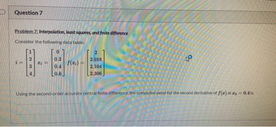 Question 7 Problem 7: Interpolation, least squares, and finite difference Consider the following data table: 0 O 0.2 24 f(x)