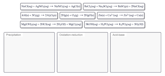 NaCl(aq) + AgNOg(aq) → NaNO3(aq) + AgCl(s) | | BaCl2(aq) + Na2so,(aq) → BaSO4(s) + 2NaCl(aq) 4Al(s)302(g) 2Al,03(s) 2Hgls)+O2
