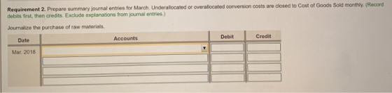 Requirement 2. Prepare summary journal entries for March Underallocated or overallocated conversion costs are closed to Cost
