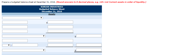 Prepare a budgeted balance sheet at December 31, 2016. (Round answers to 0 decimal places, e.g. 125. List Current assets in o