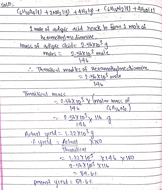 (64100410) + 2NH3 lg) + 4H2192 C6Highlall) +442011 Solo: 1 mole of adipic acid reacts to from 1 mole of hexamethylane diamine