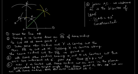 .. we obserne Ãc is the bisector of LBAB .:|CAB= 45° Constructed. o Draw the line AB © Taking A as centre draw an Pos of so