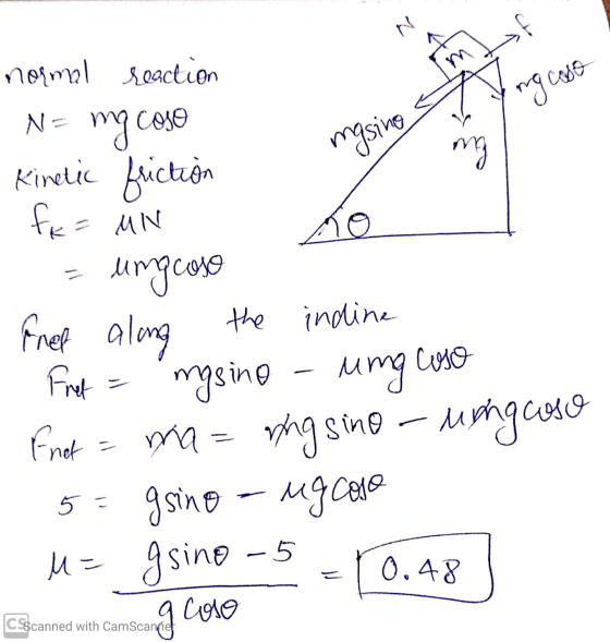 ong caso masive bu normal reaction N = mg cosa Kinetic friction fx= MN umgcoso Fred along Fret Enet the indine coso mgsino un