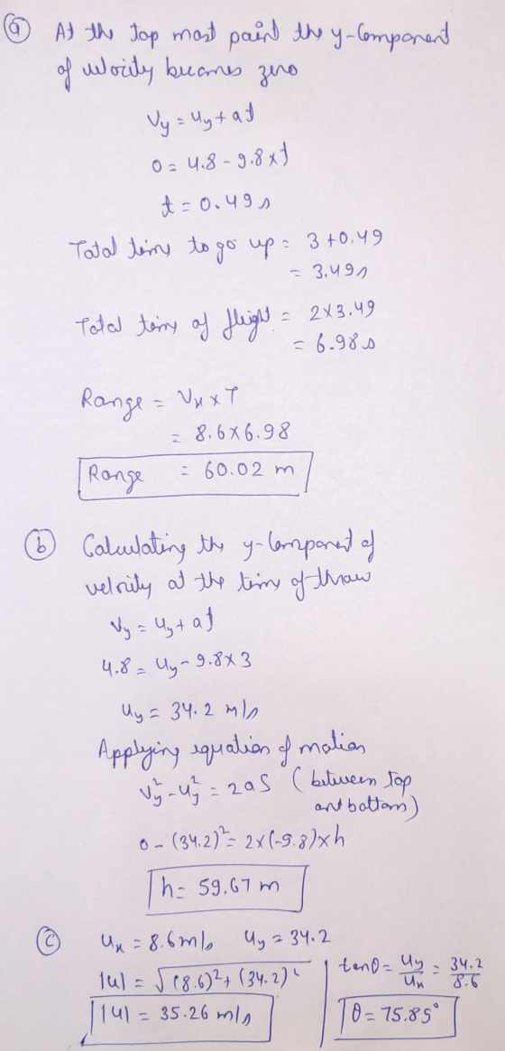 @ At the top most point the y-component of uelocity becames zero y = lytat 0= 4.8-9.8xt #=0.491 Total time to go up = 3 +0.49