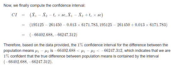 Now, we finally compute the confidence interval: CI (X - X2 - te x se, Xi - X2 +te x se) (195125 – 261450 – 0.013 x 6171.783,