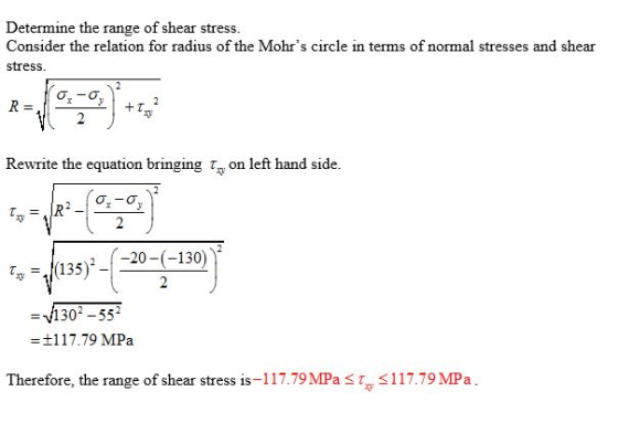 Determine the range of shear stress Consider the relation for radius of the Mohrs circle in terms of normal stresses and she