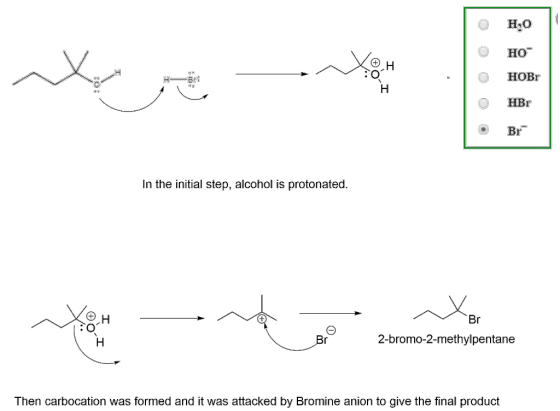 © о H20 но w HOBr ontvang HBr Br In the initial step, alcohol is protonated. ✓ Br Brº 2-bromo-2-methylpentane Then carbocatio