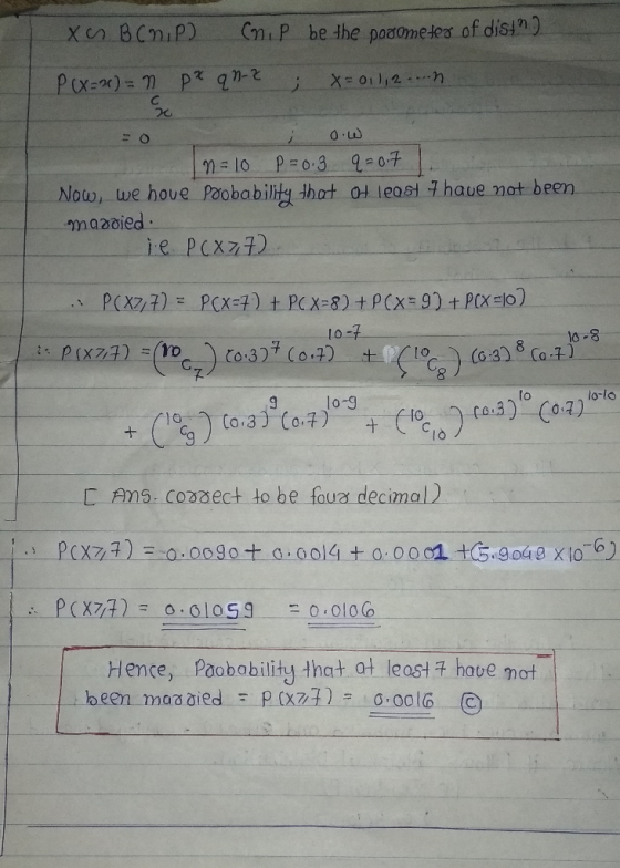 XO B (nip) Coup be the pasometer of dista) P (X=2) = n px qnoz ; X=011,2....n. o.w In=10 P=0.3 q=0.7 / Now, we hove poobabili