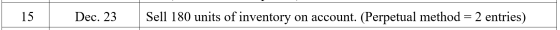 | 15 | Dec. 23 Sell 180 units of inventory on account. (Perpetual method = 2 entries)