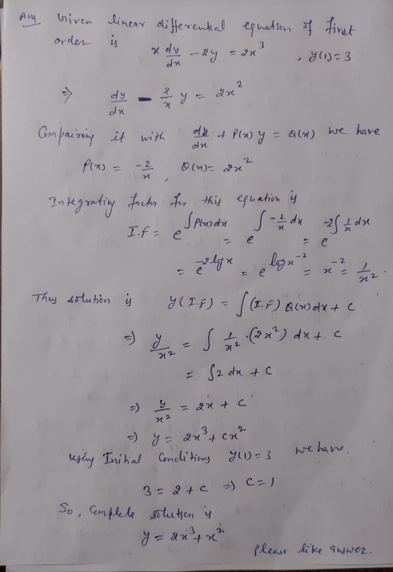 Any Given linear differential equation of first order dy 3 -24 y (12=30 du dy ax du dy + P(x) y - alu) we have du O(n)= 2x Ce