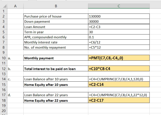 B Purchase price of house Down payement Loan Amount Term in year APR, compounded monthly Monthly interest rate No. of monthly