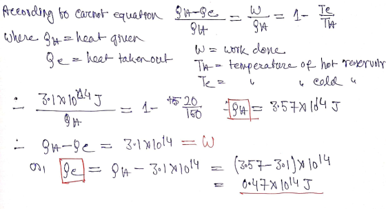 According to Carenat equarton 91419e shown = 1- tione Where Qua heat armen PH . 9A - Qez heat taken out - W = work done 1. Th
