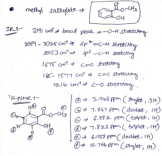 methyl salicylate => 1 horchts Lot IR 3191 cmt broad peak of stretching 3069_3025cnt a sp =cht stretching 2953 cmt sp3 _ch st