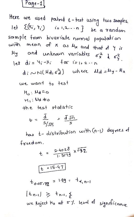 Here «we used pand t-test using ts Sames Sample fTOm bivar lade normal populdi, on H^ ond unknoun v be a γα dom rmal popalo o