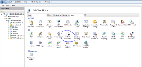 CSXHH92 Sites Default Web SiteMyChat File View Help /MyChat Home CSXHH92 ORXEU)50011090) , Application Pools GShow All Group by Area Filter 4-? sites ASP.NET Default Web Site 9 ASPCoreAppTest aspnet client NET NET NETEror NET NET Profile NET Trust Application Connection Machine Key Pages and Session State SMTP E-mail Authorizat... Compilation Pages Globalization Levels SettingsStrings Controls Chat TestCore TestM TestWeb IS ASP Authentic.. Authorizat... Compres Default Dirctory Error Pages Failed Document B HTTP Request Tra... Mappings Redirect Respon... and Doma. HTTP P Address Handler Rules Logging MIME Types Modules Output SSL Settings WebDAV Authori... Caching Filtering Management Configurat... Editor
