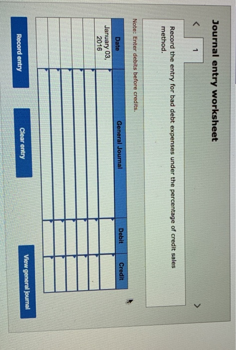 Journal entry worksheet Record the entry for bad debt expenses under the percentage of credit sales method. Note: Enter debit