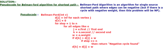 SOLUTION:- Pseudocode for Belman-ford algorithm for shortest path i Bellman-Ford Algorithm is an algorithm for single source