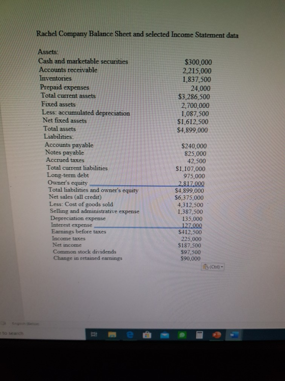 Rachel Company Balance Sheet and selected Income Statement data $300,000 2,215,000 1,837,500 24,000 $3,286,500 2,700,000 1,08
