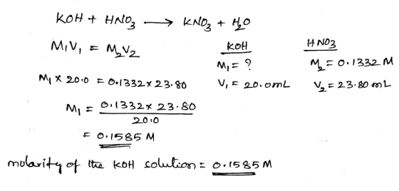 KOH + Halog -> KNO3 + H2O MIN, & MV2 koH M = ? 14NO3 M = 0.1332 M V2 = 23.80 m2 My x 20.0 F001332*23.80 V, 20.0mL Me = 0.1332