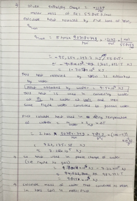 olven molar calculate ma enthalphy Change 2 21 KT mass of fer 55-845 g/mol heat released by five hors of yon, Quavon arvon =