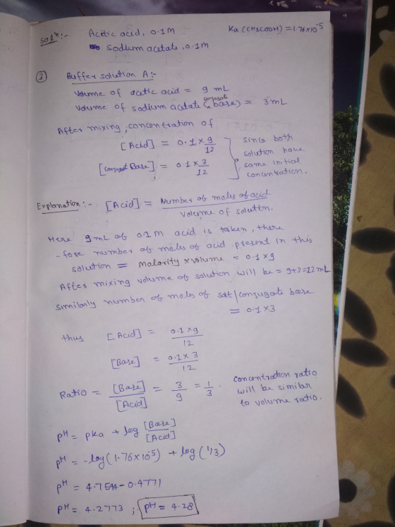 ka (CH3COOH) = 1.76x105 soln: - Acetic acid, o.im o sodium acetate , o. Im consugote Buffer solution A: Volume of acetic acid