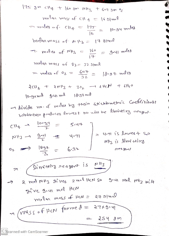 175 gm cH4 + 160 gm Nifty + 6orama molan mass of cl q = 165lmal a moles of CH4 = 179 = 19.gu moles 16 molan mass of N13 - 17