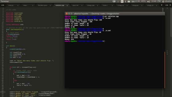 Terminal E : E ®(1:30, 85%) ») 10:48 PM ubuntu new.py Solution javax soluton.cpp Х input.txt HomeworkLib.cpp main.c HomeworkLib.pyx cheg