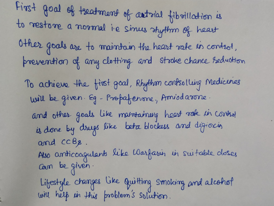 first goal of treatment of autrial fibrillation is to restore a normal lie sinus shythm of heart other goals are to maintain