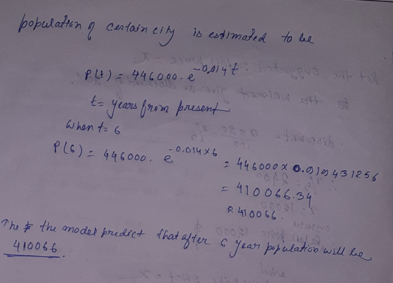 population of contain city is estimated to be -oont Jostappus P (t) = 446000. no carip tos samplay att t- years from present