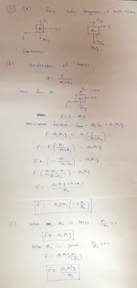 Can free body diagrams of both blocks Je mig f friction (6) acceleration of blocks M, + M2 Now, for mi 5 Ита Hori F- f = mia