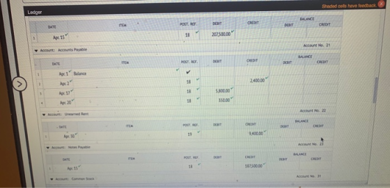 Shaded cells have foedback. X Ledger BALANCE ITEM POST, RET DET CREDIT DEBIT CREDIT DATE 18 207.500.00 Apr. 15 Account No. 21