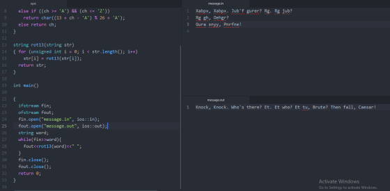 message.in q.cc else if ((ch >= A) && (ch <= Z)) return char((13 + ch - A) % 26 + A); else return ch; 1 2 3 Xabpx, Xa