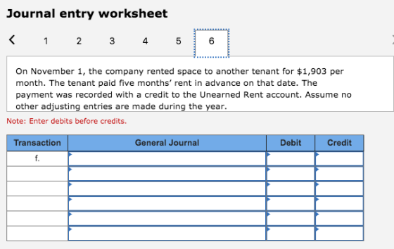 Journal entry worksheet < 1 2 3 4 5 On November 1, the company rented space to another tenant for $1,903 per month. The tenan