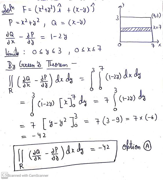 (7,3) m Som F= (x²+7²) î + (x-7) P = x+y2, Q = (x+y) f = 1-24 limito : osyE3 , OS XE7 By Green s Theorem - (4- ) de dy = 11