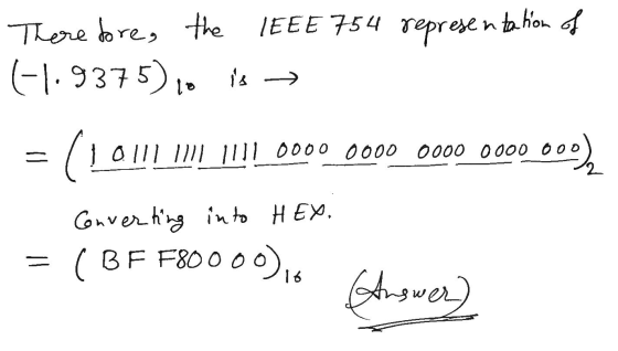 Therefore, the IEEE 754 representation of (-1.9375) co is → 1111 1111 0000 0000 0000 0000 00 00g) Converting into HEX. ( BF F