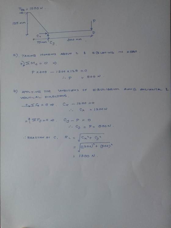 TBA = 1200N. 125 mm 300 mm 75 mmcy 4 e QUAY NG 2. TAXING Mome4S ABOUR C TO ZERA smc=0 - PX300 - 12000 125 :P 0 = 500N. ALANG