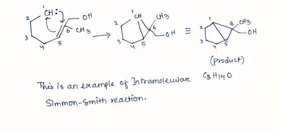 Chinoti CH CH3 T 6, CH3 x OH (product) Cg H140 This is an example of Intramolecular Simmon-smith reaction.