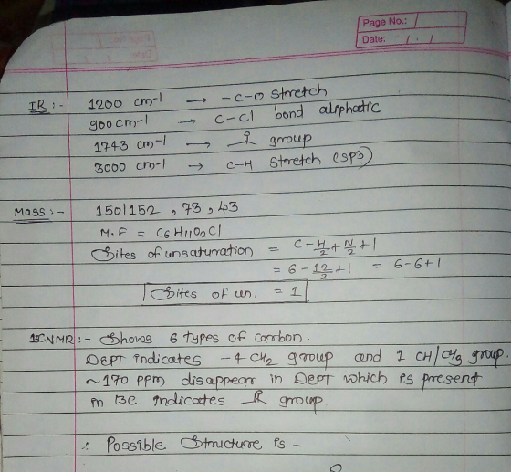 Page No.: Date: LL - IR :- 1200 cm goocm-1 1743 cm-1 3000 cm-l -c-o stretch c-cl bond aliphatic t group c-H stretch esp ) Mas