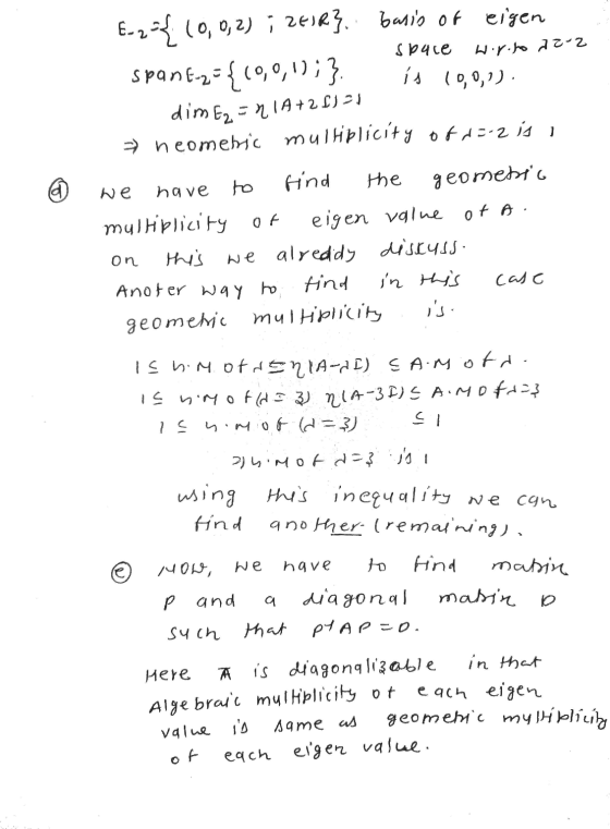 E-z={ 10,0,2) ; 261R}. basis or eigen space Wirilo 2202 spanf-2-{10,0,1); } is 19,0,1). dim Ez = 21A+2 f) 21 >> neometric mu