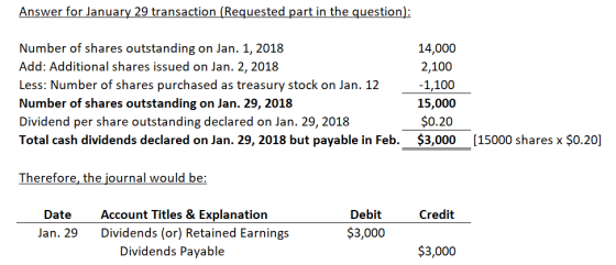Answer for January 29 transaction (Requested part in the question): Number of shares outstanding on Jan. 1, 2018 Add: Additio