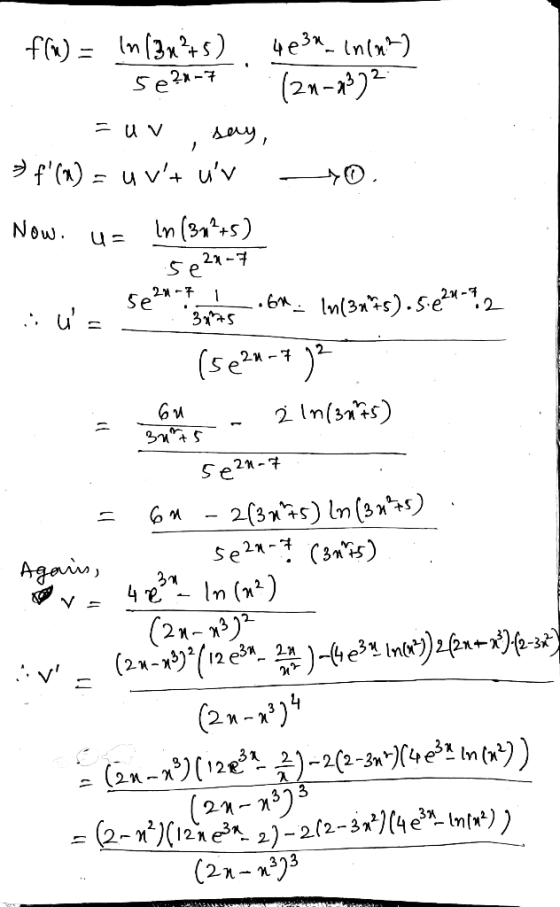 5e22- 4S . f(u) = ln (3x²+5) 4e3n_in(x2) 5e?-7 21-2322 = UV sery, = f(X) = u v+ uv - 0. Now. u = ln (33*+5) w sea 64_ \n(