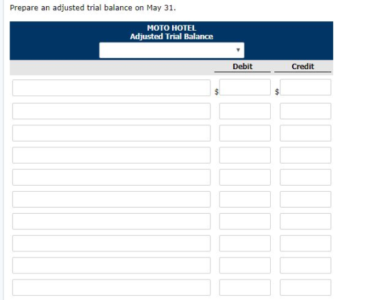 Prepare an adjusted trial balance on May 31 MOTO HOTEL Adjusted Trial Balance Debit Credit