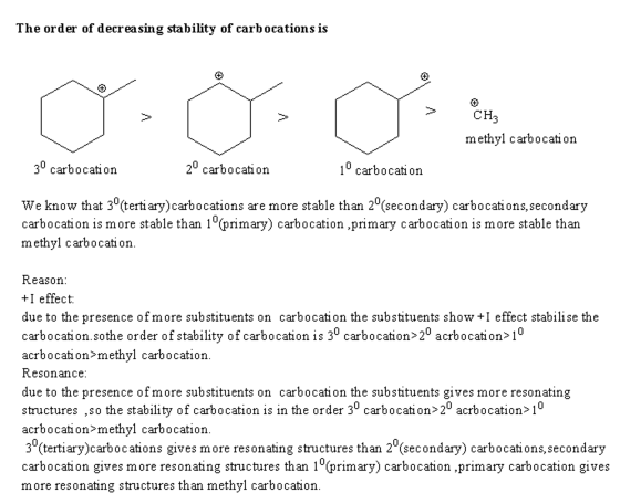 The order of decreasing stability of carbocations is CH 3 methyl carbocation 3 carbocation 2 carbocation 1 carbocation We