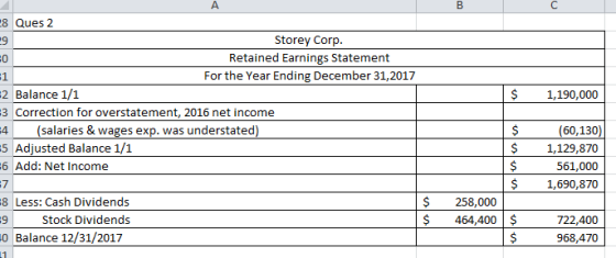 -8 Ques 2 Storey Corp. Retained Earnings Statement For the Year Ending December 31, 2017 2 Balance 1/1 3 Correction for overs