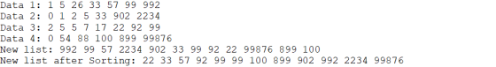 Data 1: 1 5 26 33 57 99 992 Data 2: 0 1 2 5 33 902 2234 Data 3: 2 5 5 7 17 22 92 99 Data 4: 054 88 100 899 99876 New list: 99